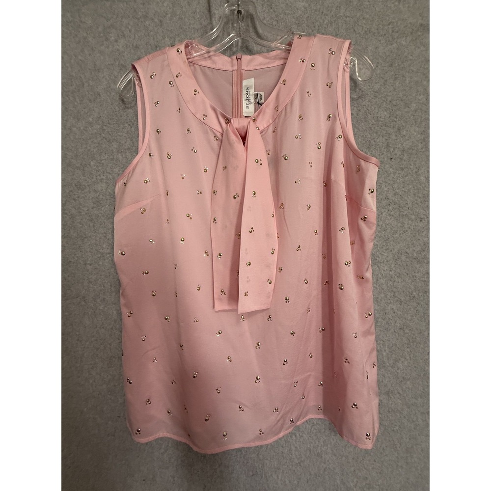 St. John Evening Blouse‎ Womens Large Pink Rhinestone Sleeveless Tie Neck Top